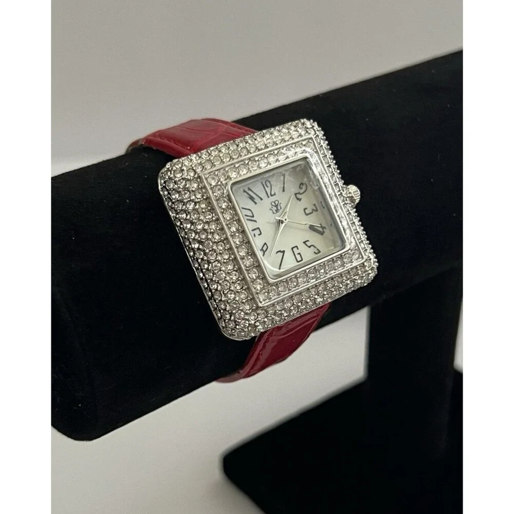 Suzanne Somers Collection Crystal Rhinestones Red Leather Womens Quartz Watch